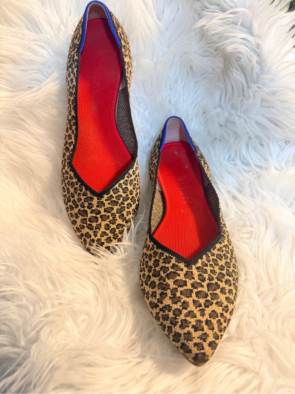 Rothy's Leopard Print Pointed Flats with Red Insole and Blue Trim size 13